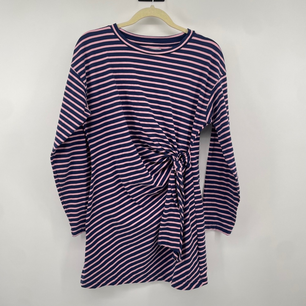 Daily Practice Dress Womens Small Pink Navy Blue Striped Side Tie Mini L/S Crew